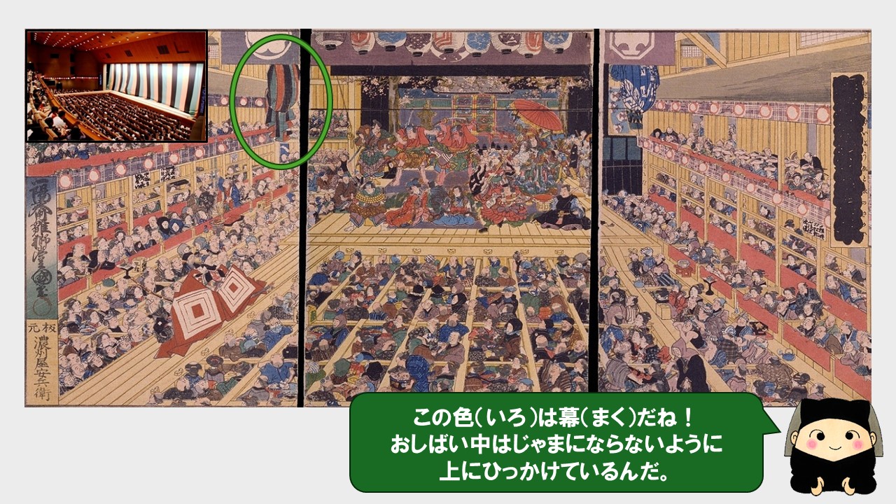 あの三色の幕だね。お芝居中は邪魔にならないように上にひっかけているんだ。