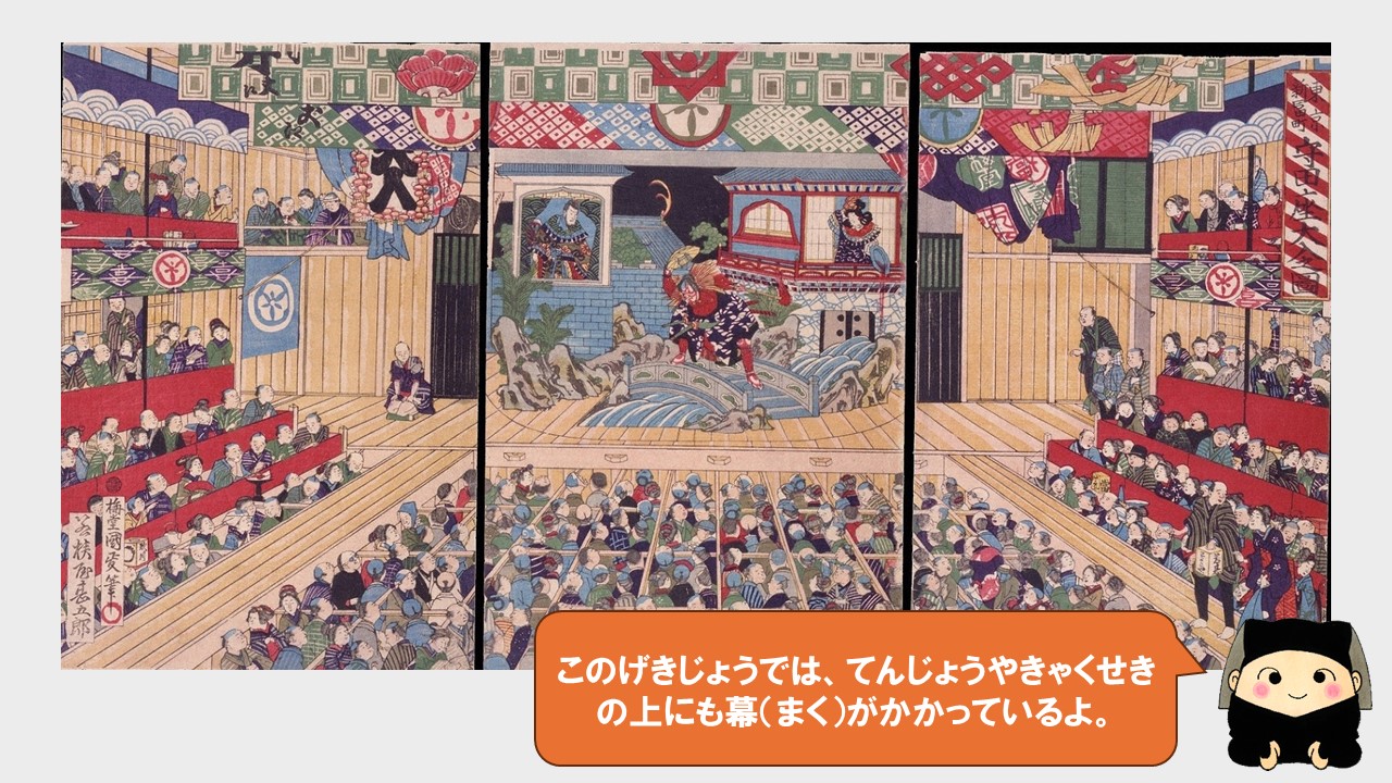 この劇場では、天井や客席の上にも幕がかかっているよ。