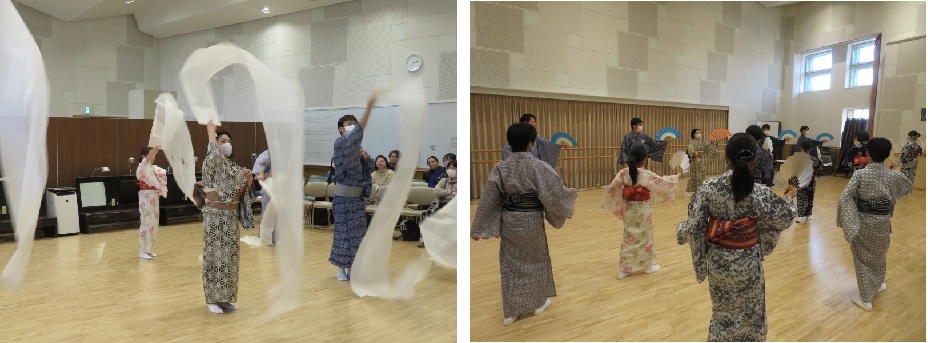 扇子と羽衣で舞う練習風景写真