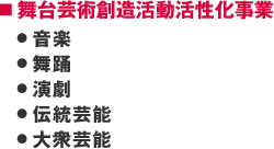 ■ 舞台芸術創造活動活性化事業|● 音楽|● 舞踊|● 演劇|● 伝統芸能|● 大衆芸能