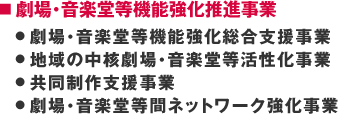 ■ 劇場・音楽堂等機能強化推進事業|● 劇場・音楽堂等機能強化総合支援事業|● 地域の中核劇場・音楽堂等活性化事業|● 共同制作支援事業|● 劇場・音楽堂等間ネットワーク強化事業