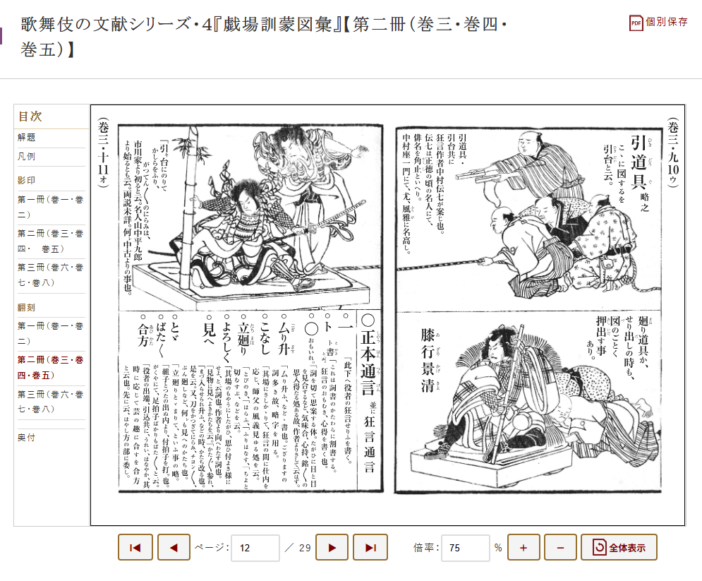 文化デジタルライブラリー「しばいきんもうずい」の影印表示画面